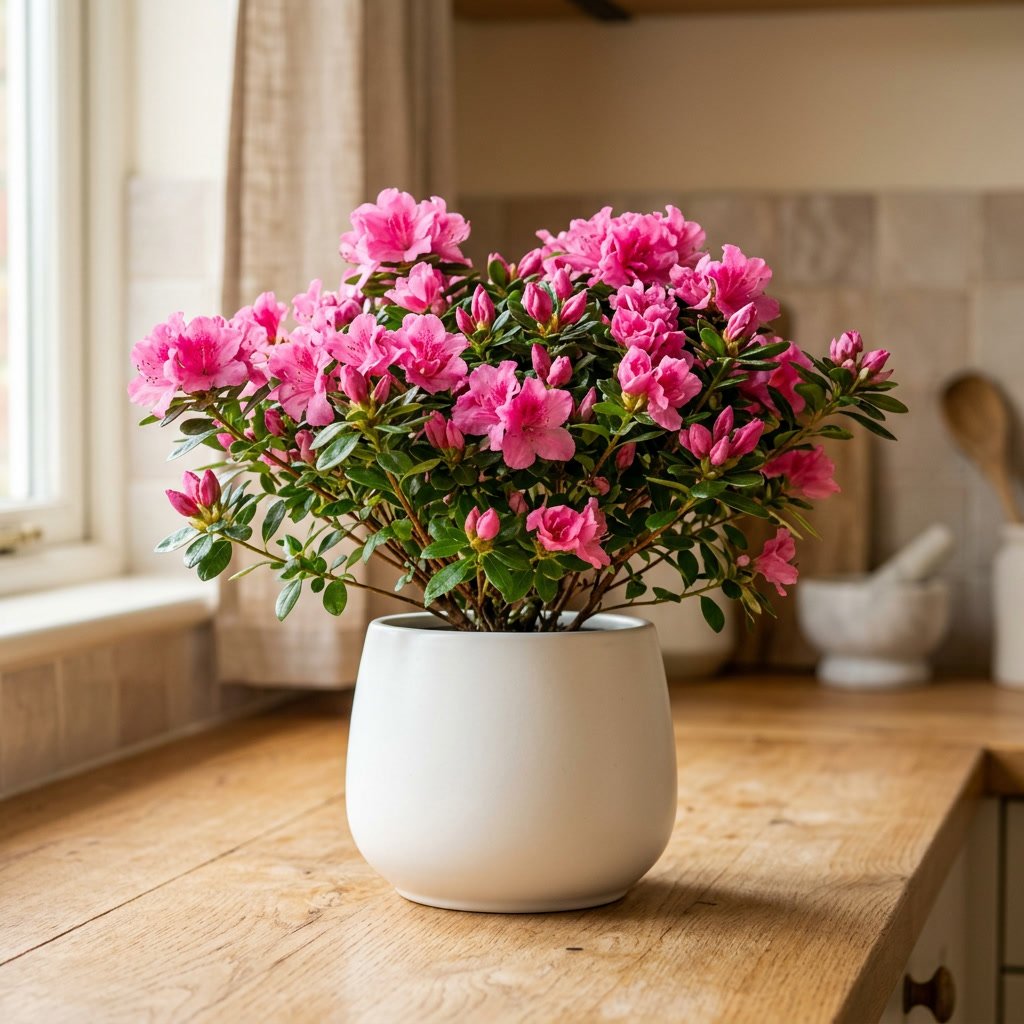 Pink flowering azalea in a white ceramic pot beside a window.